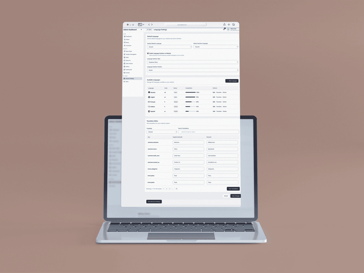 Restaurant website homepage